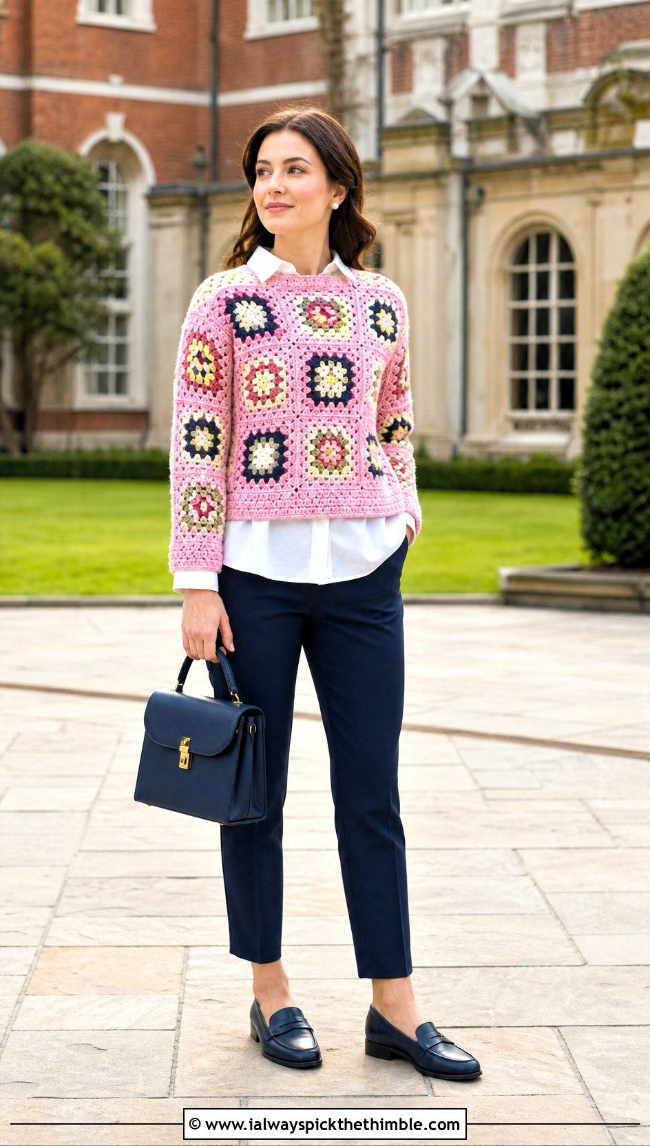 Boxy Granny Square Pullover With White Button Down Shirt - 20 crochet granny square pullover sweater outfit ideas