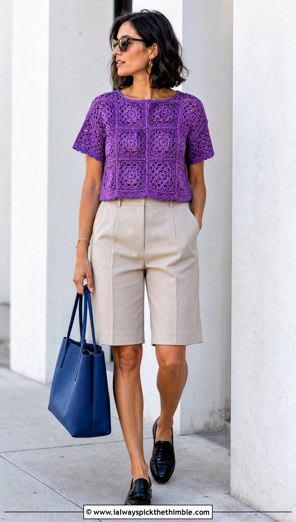Boxy Granny Square Short Sleeve Top With Bermuda Shorts - 25 crochet granny square tops outfit ideas
