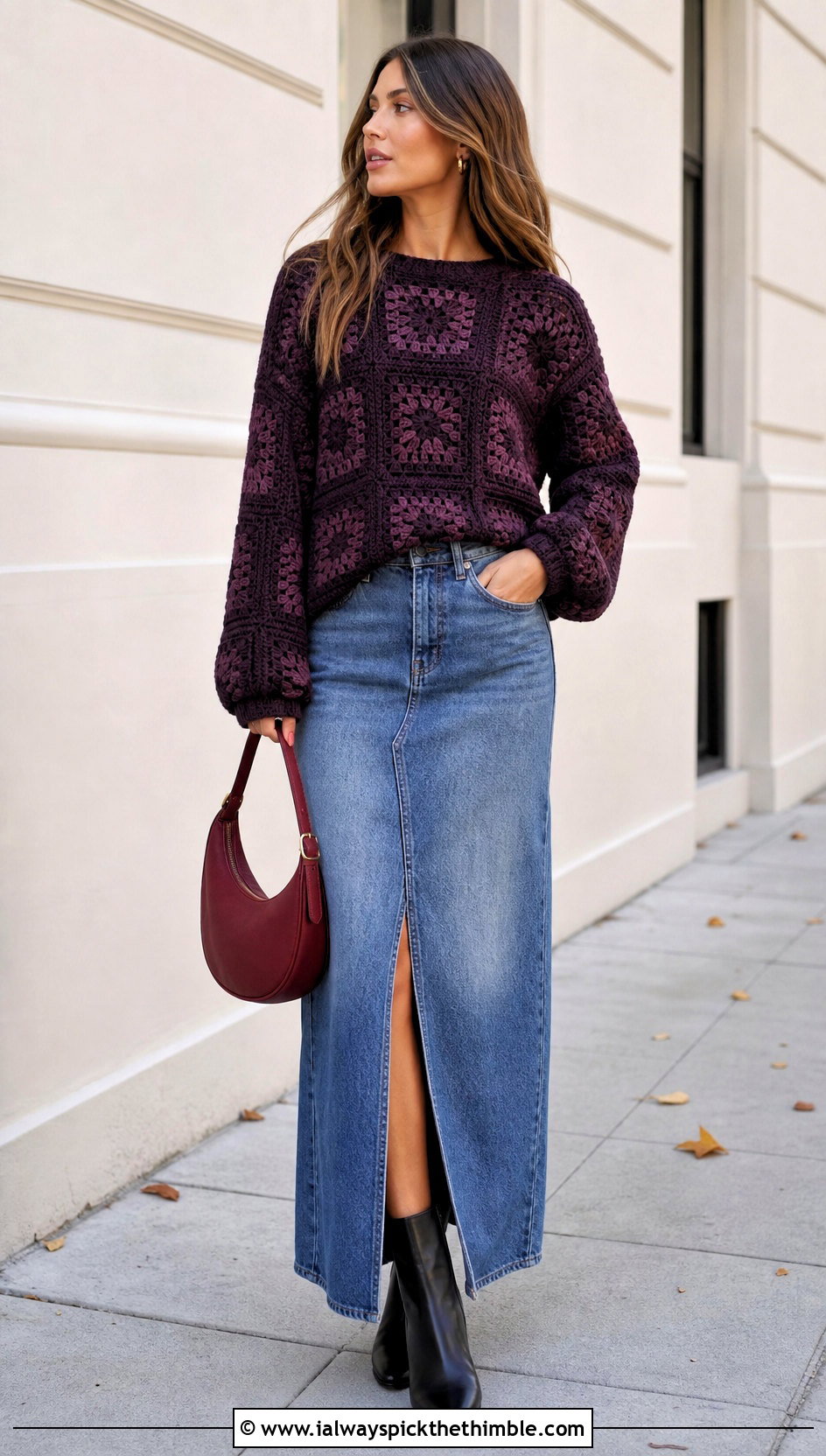 Boxy Granny Square Stitch Sweater With Denim Maxi Skirt - 20 granny square stitch sweater outfit ideas