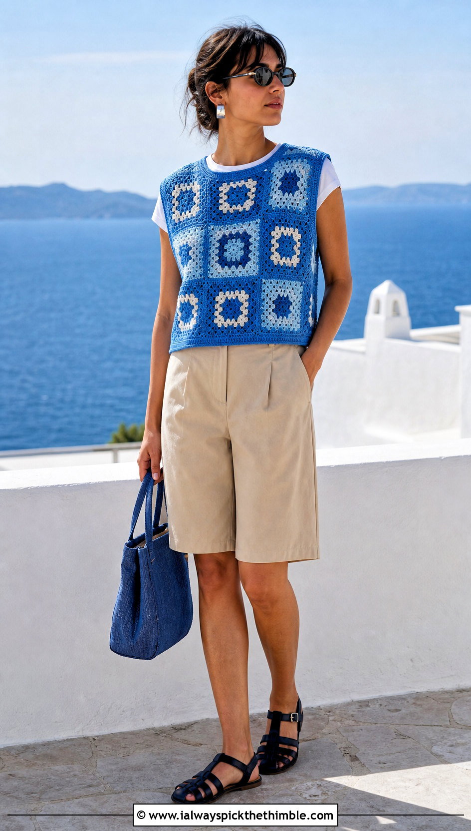 Boxy Granny Square Sweater Vest With Bermuda Shorts - 25 granny square sweater vest outfit ideas