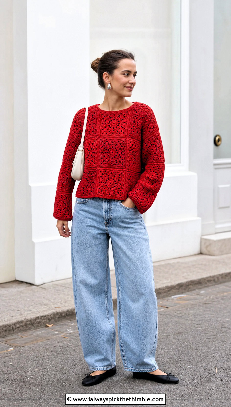 Boxy Granny Square Sweater With Barrel Leg Jeans - 25 crochet granny square sweater outfit ideas