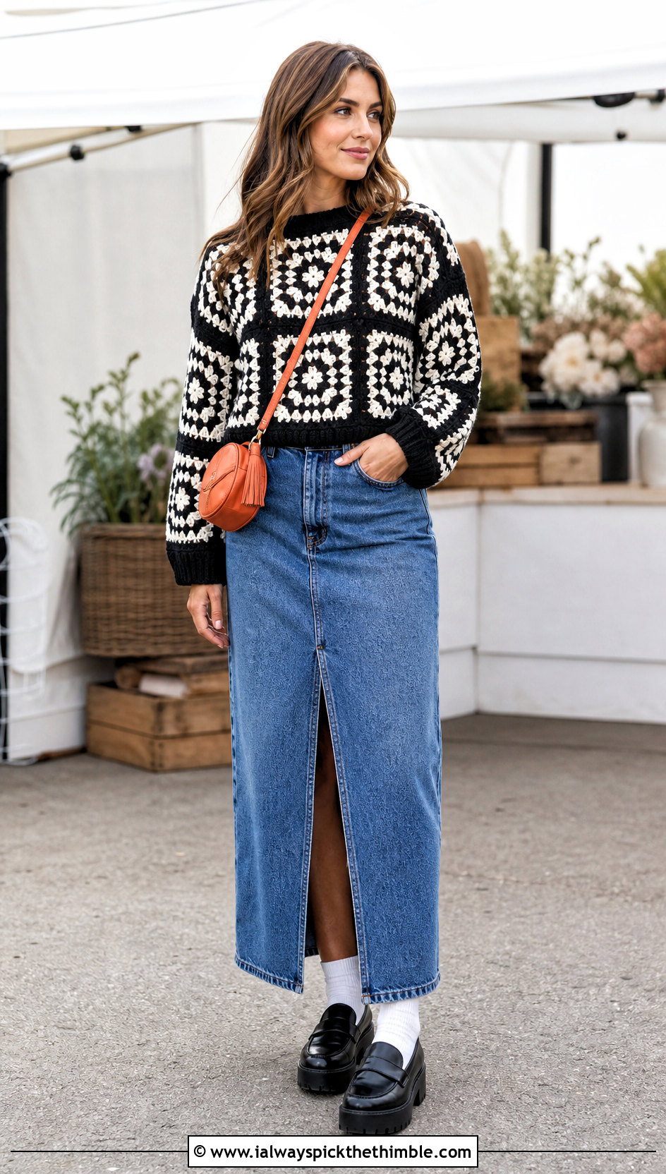 Boxy Granny Square Sweater With Denim Maxi Skirt - 20 black and white granny square sweater outfit ideas