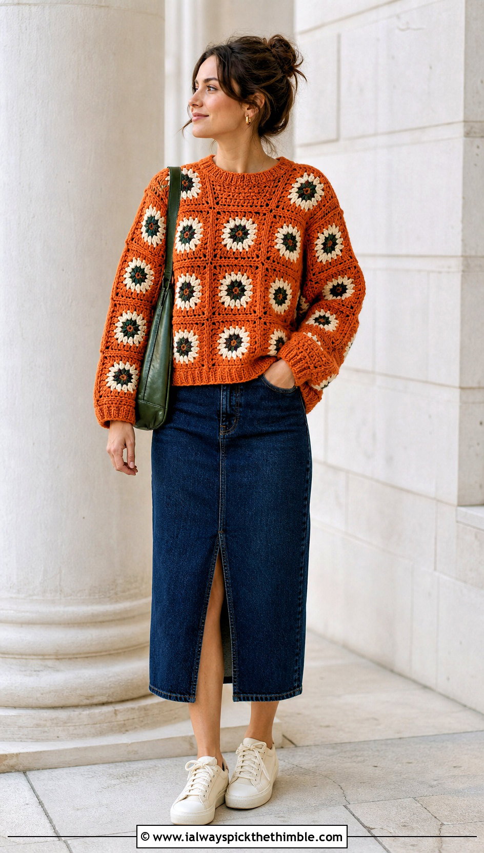 Boxy Granny Square Sweater With Denim Midi Skirt - 20 easy granny square sweater outfit ideas