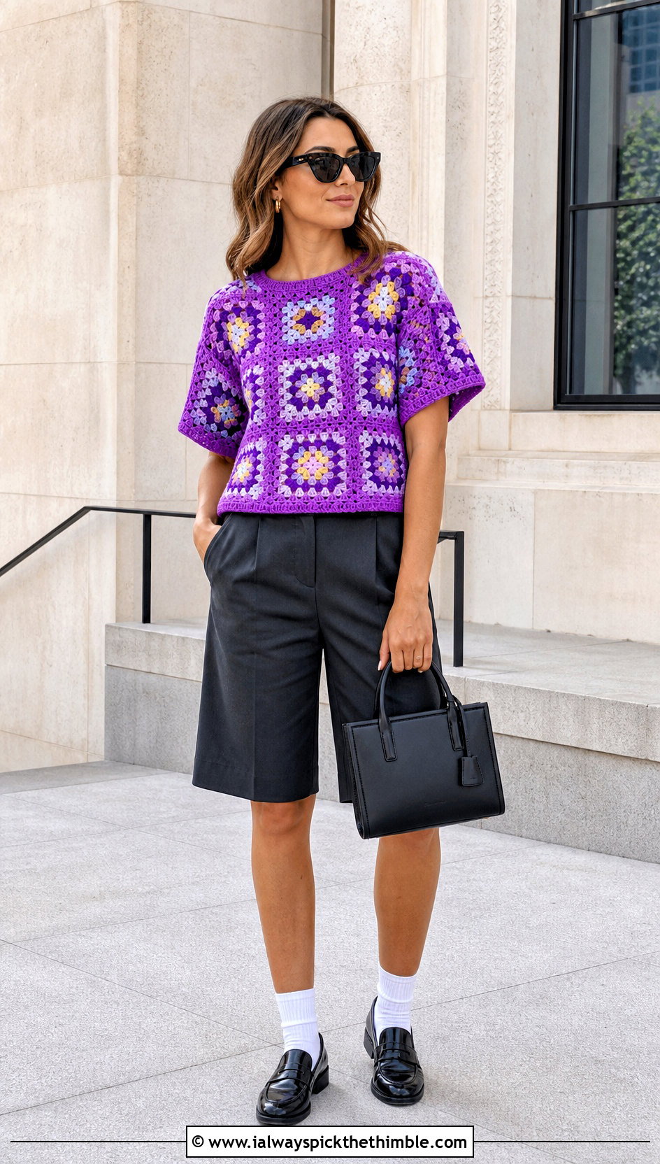 Boxy Granny Square T Shirt Top With Bermuda Shorts - 25 crochet granny square top outfit ideas