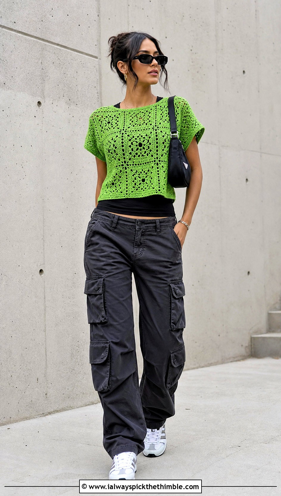 Boxy Granny Square T Shirt With Cargo Pants - 20 Crochet Clothes With Granny Squares outfit ideas