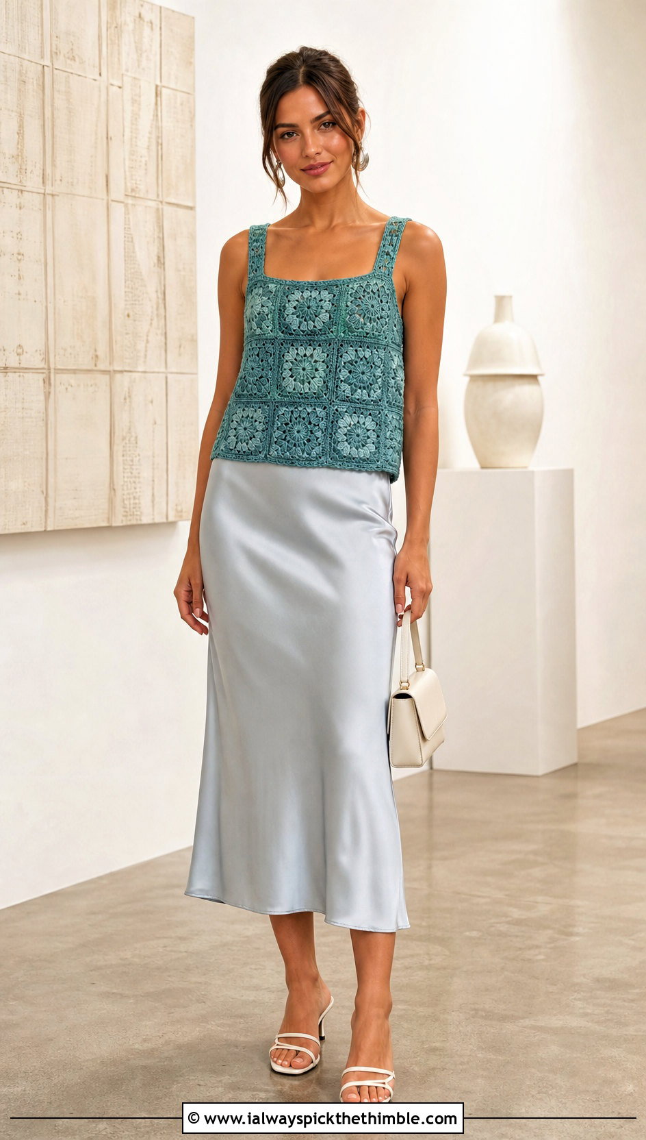 Boxy Granny Square Tank Top With Satin Midi Skirt - 25 granny square summer top outfit ideas