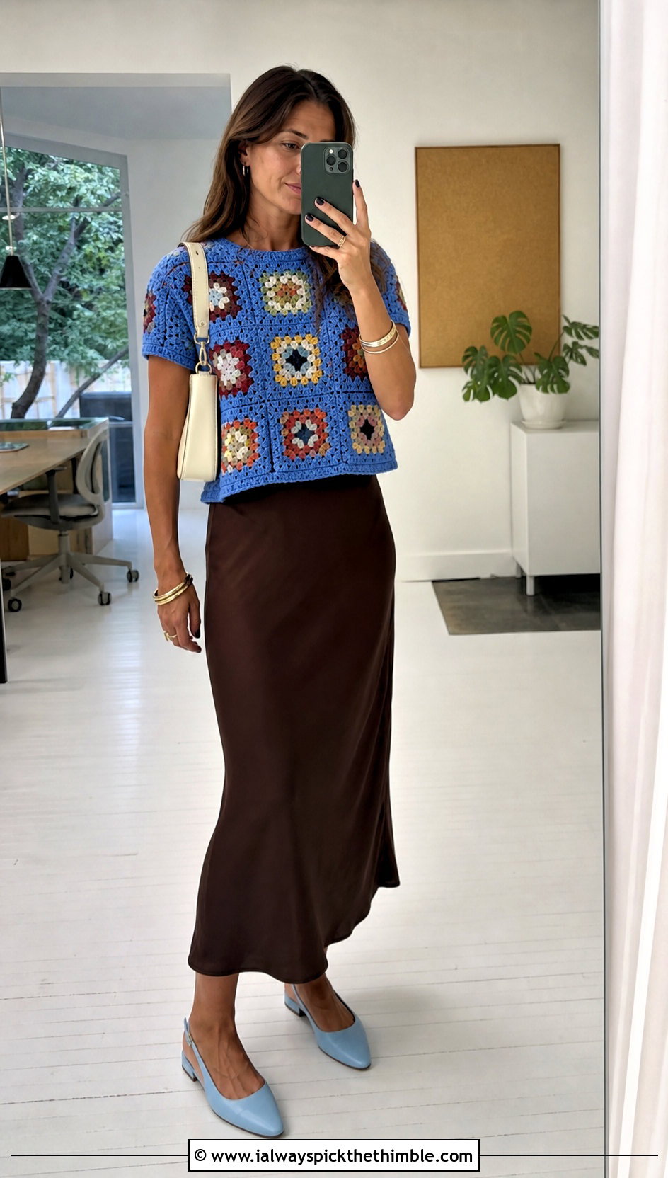 Boxy Granny Square Tee With Bias Cut Skirt - 20 crochet granny square summer top outfit ideas