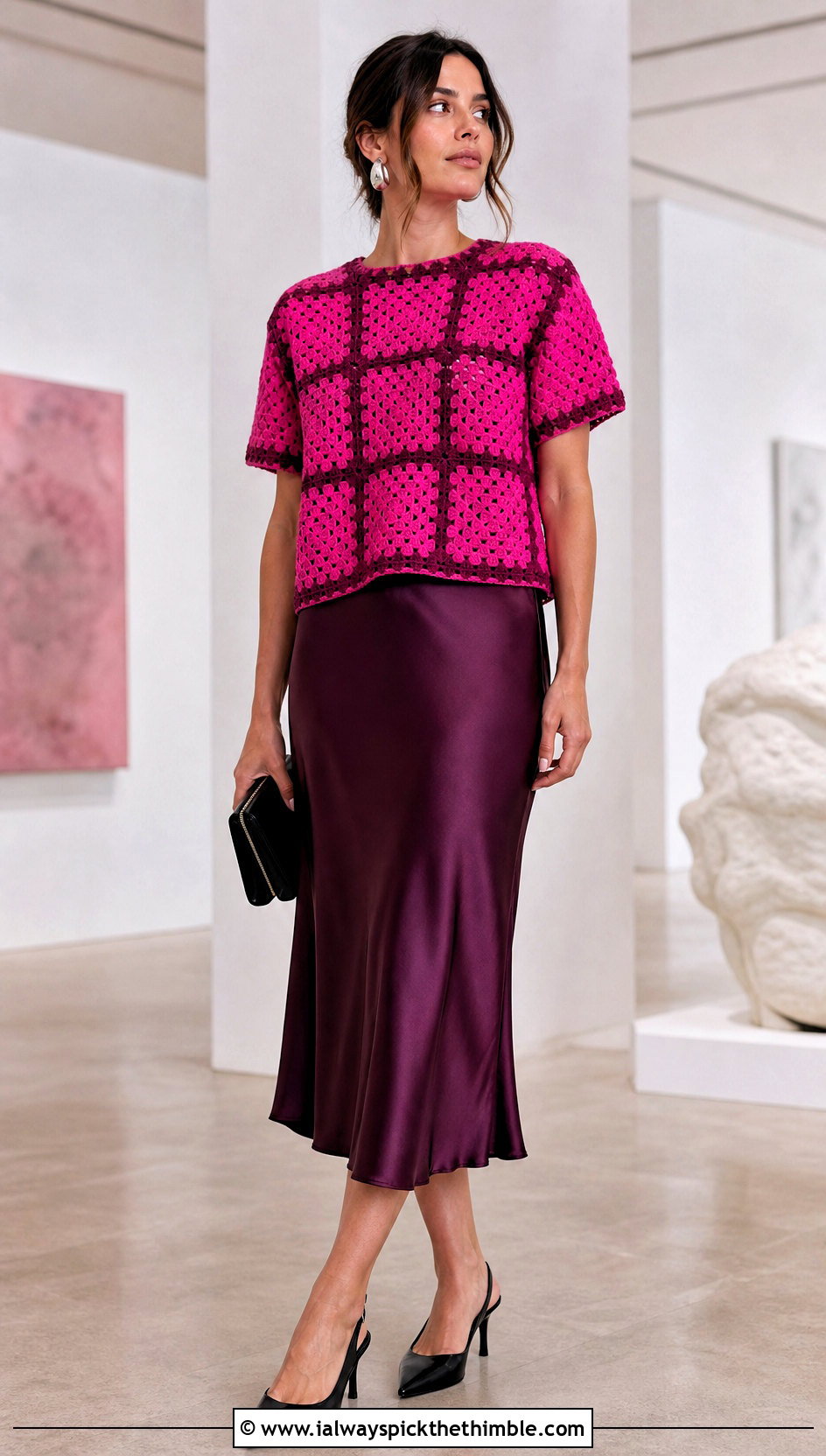 Boxy Granny Square Tee With Satin Slip Skirt - 25 granny square shirt outfit ideas