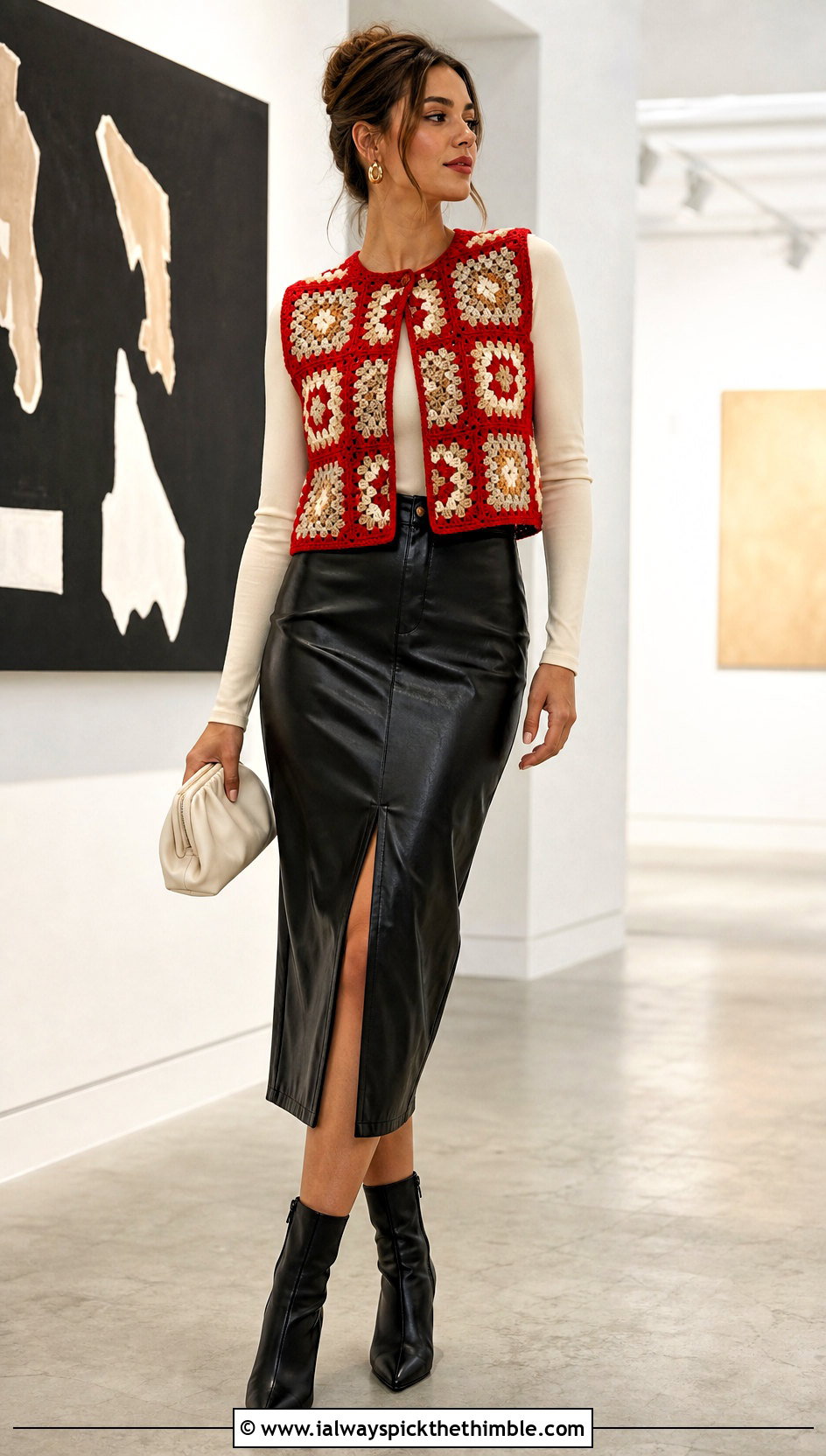 Boxy Granny Square Waistcoat With Leather Midi Skirt - 20 crochet granny square waistcoat outfit ideas