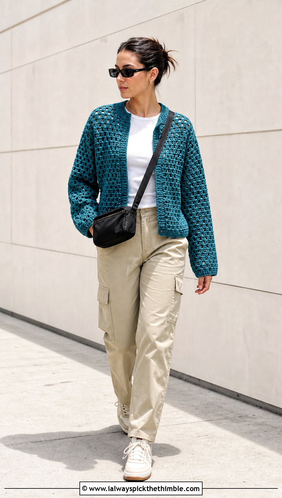 Boxy Granny Stitch Sweater With Cargo Pants - 25 granny square crochet sweater outfit ideas