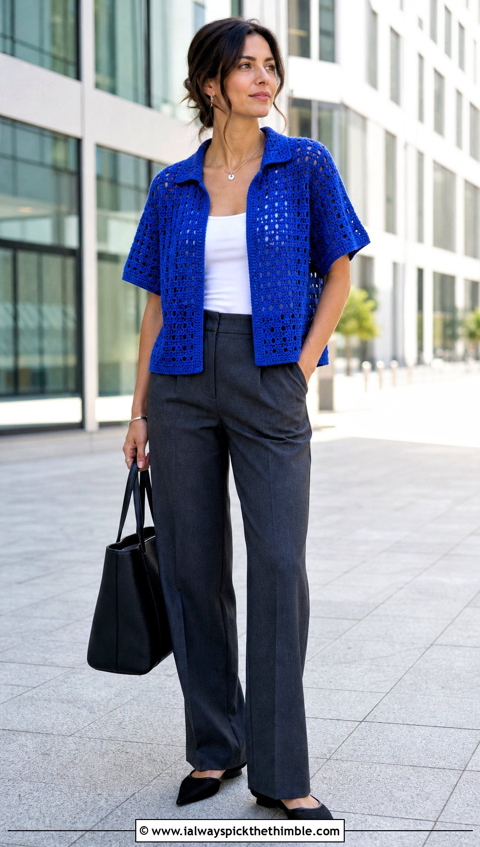 Boxy Granny Stitch Tee With Tailored Trousers - 25 crochet granny stitch top outfit ideas