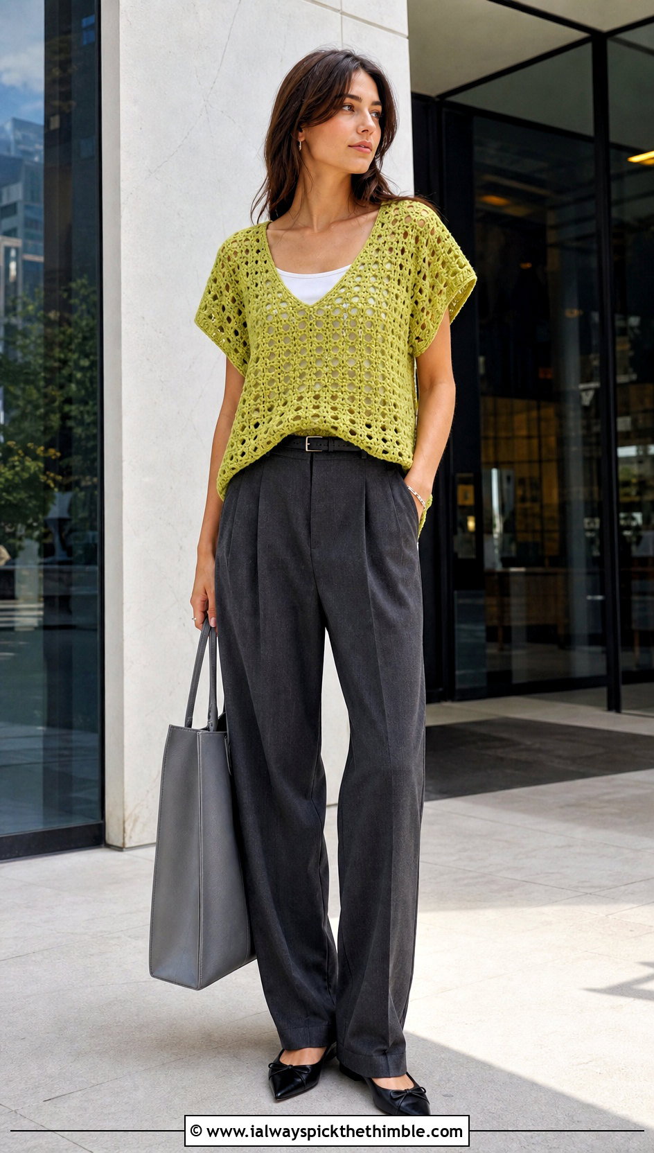 Boxy Granny Stitch Top With Tailored Trousers - 20 crochet granny top outfit ideas