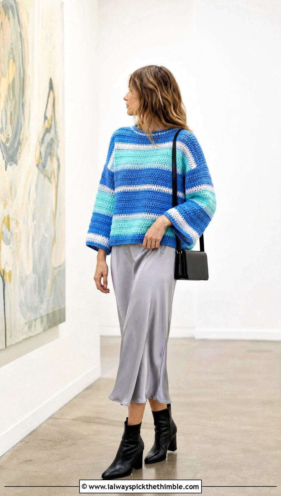 Boxy Granny Stripe Crochet Sweater With Slip Dress - 20 Granny Stripe Crochet Sweater outfit ideas