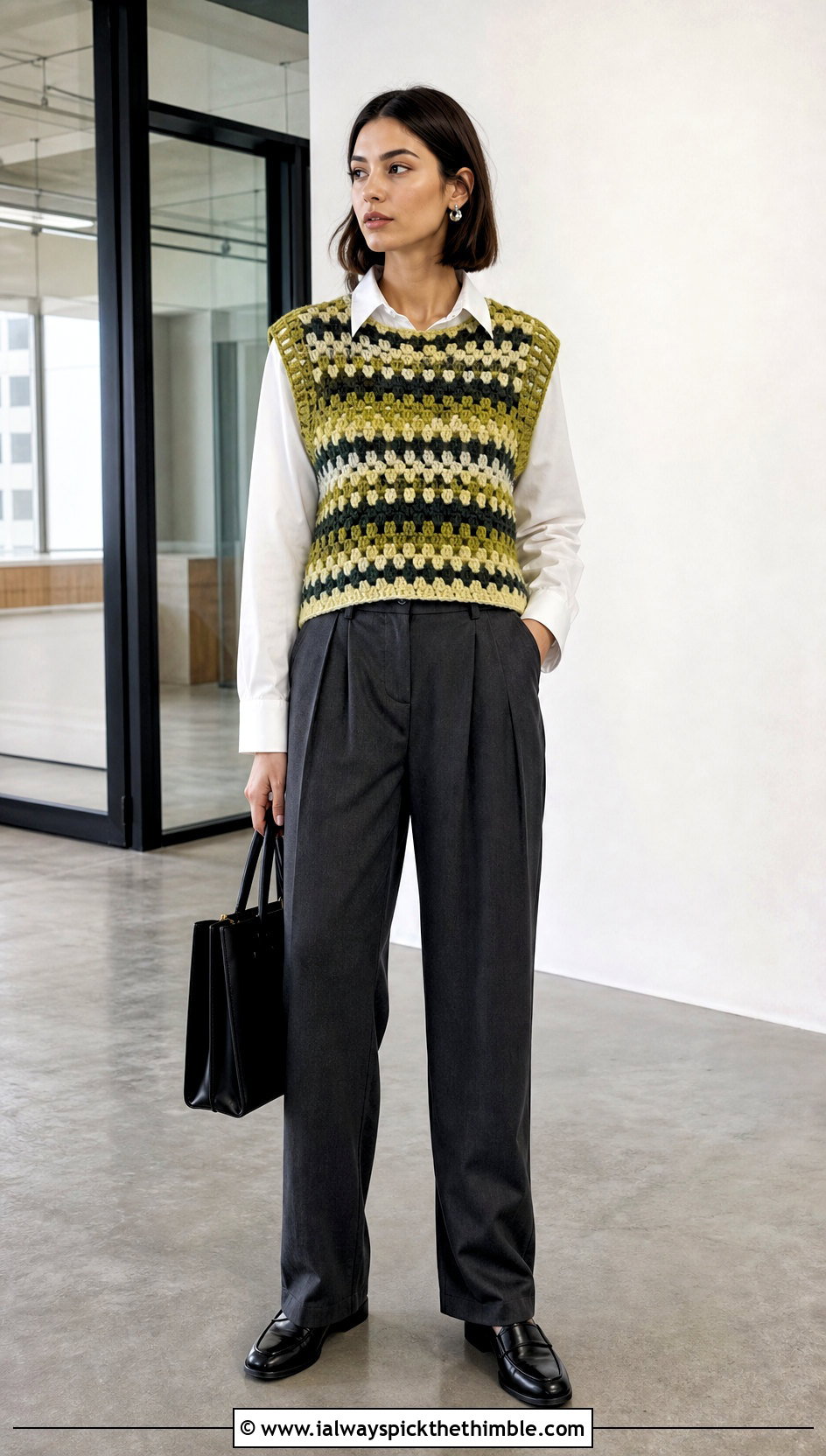 Boxy Granny Stripe Crochet Vest With Tailored Trousers - 15 granny stripe crochet vest outfit ideas