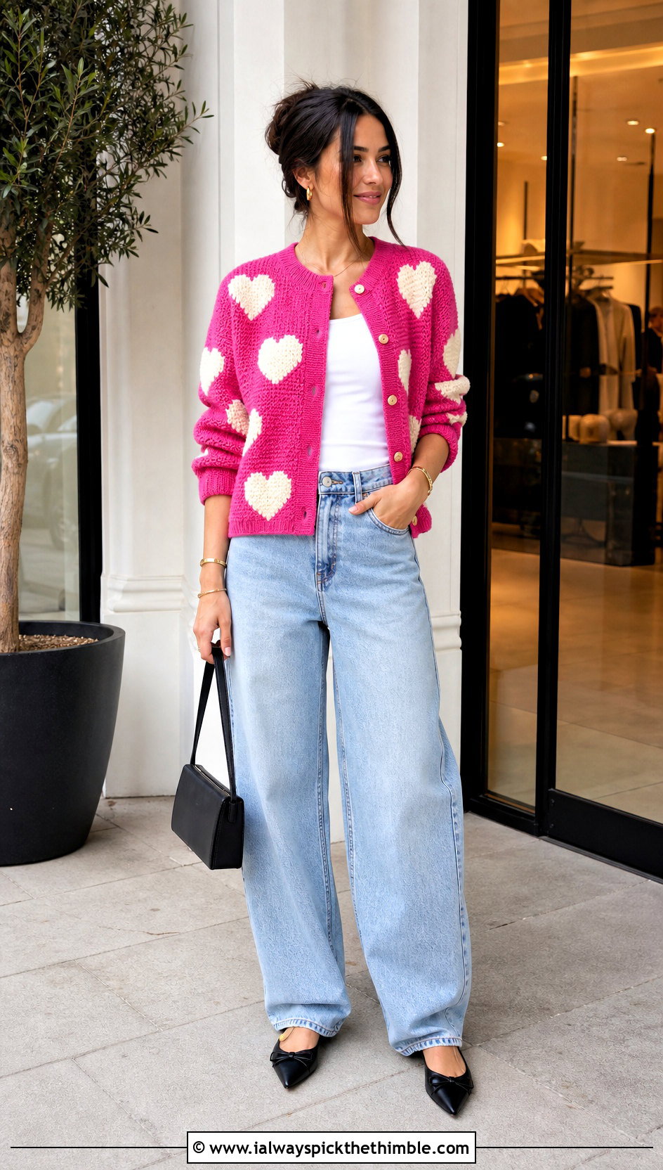 Boxy Heart Cardigan With Barrel Jeans - 25 crochet heart cardigan outfit ideas