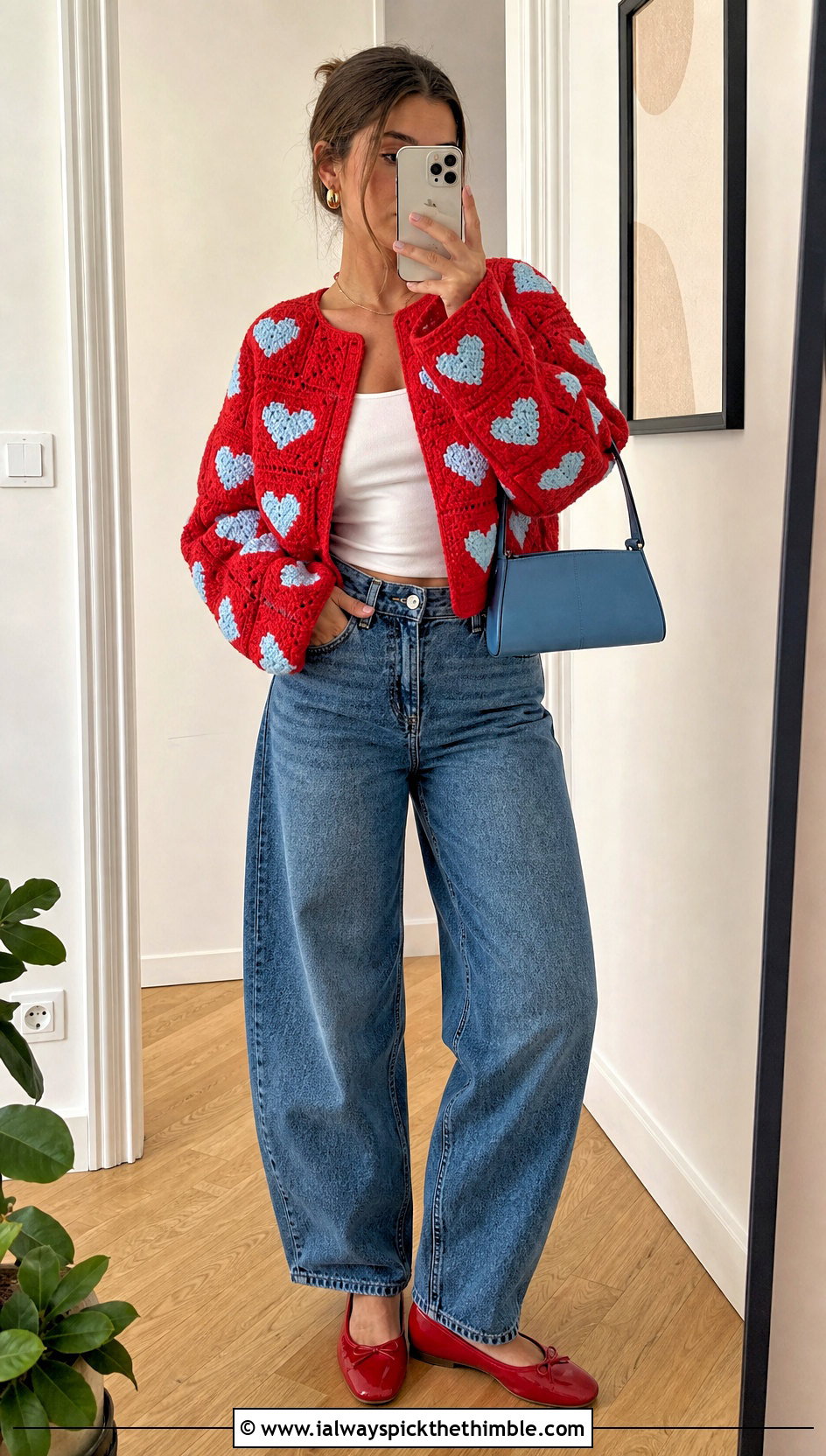 Boxy Heart Granny Square Cardigan With Barrel Jeans - 25 Heart Granny Square Cardigan outfit ideas