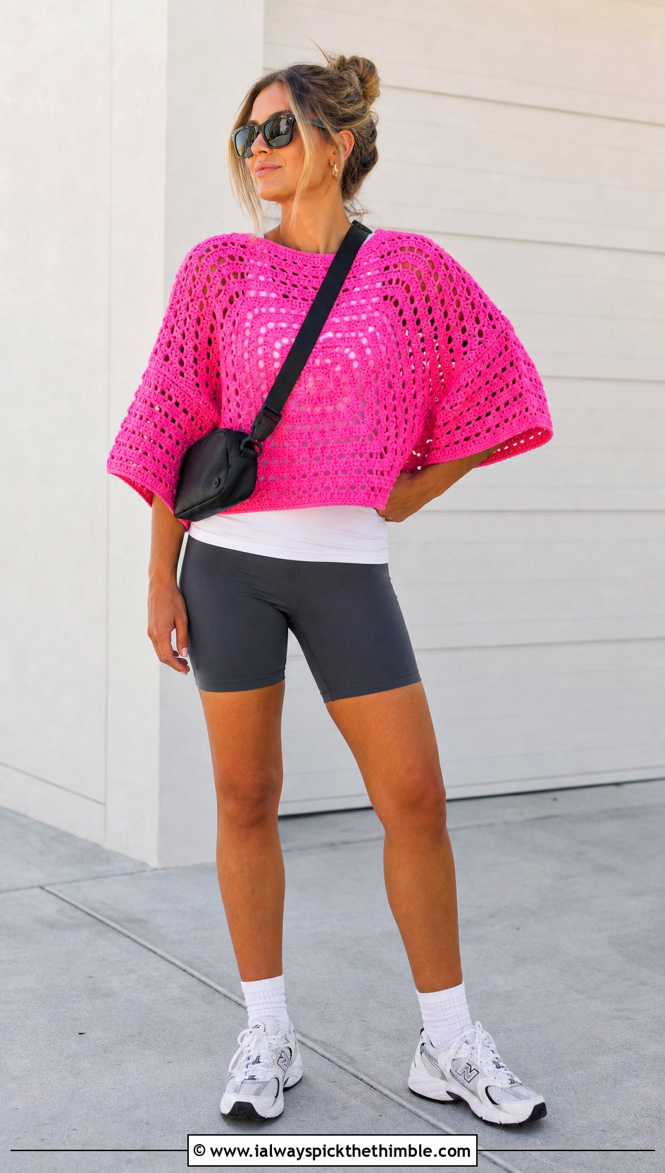 Boxy Hexagon Pullover With Bike Shorts - 25 crochet hexagon pullover outfit ideas