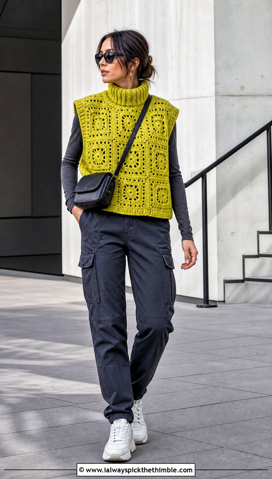 Boxy High Neck Granny Square Sleeveless Cardigan With Cargo Pants - 20 granny square sleeveless cardigan outfit ideas