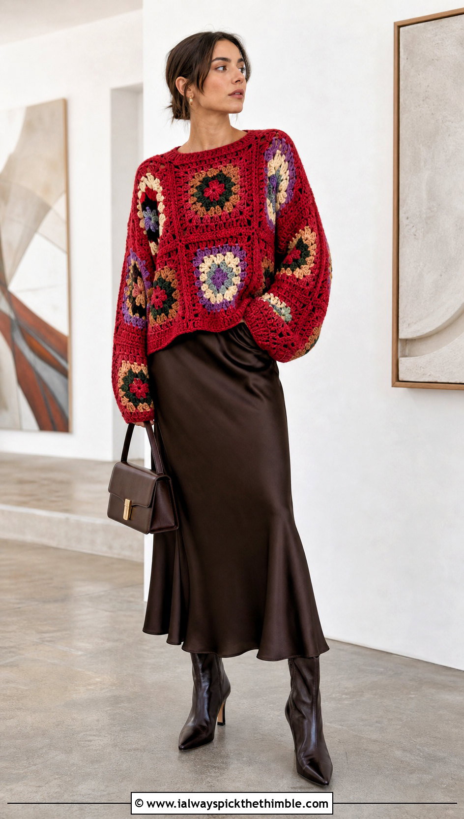 Boxy Large Granny Square Sweater With Satin Midi Skirt - 25 large granny square sweater outfit ideas