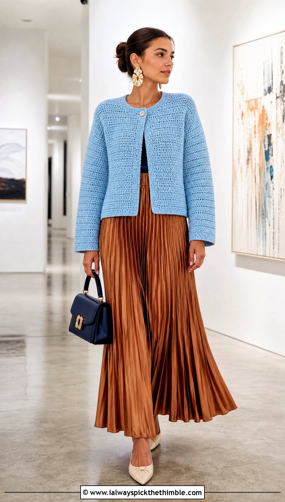 Boxy Light Blue Crochet Cardigan With Pleated Maxi Skirt - 20 light blue crochet cardigan outfit ideas