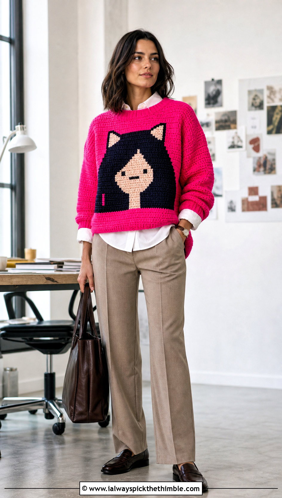 Boxy Marceline Cat Sweater With Tailored Trousers - 20 crochet marceline sweater outfit ideas