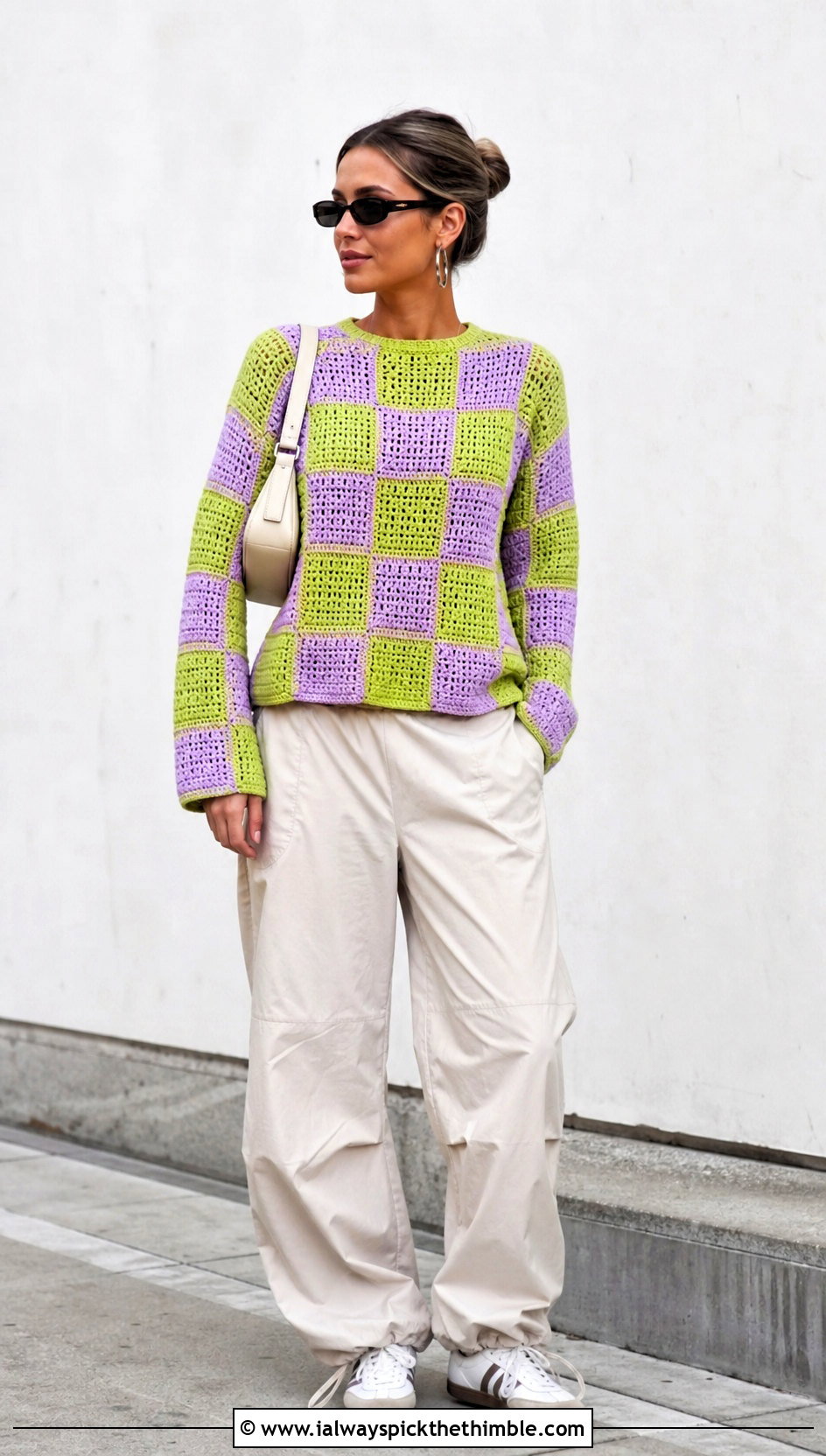 Boxy Mosaic Crochet Sweater With Parachute Pants - 20 Mosaic Crochet Sweater outfit ideas