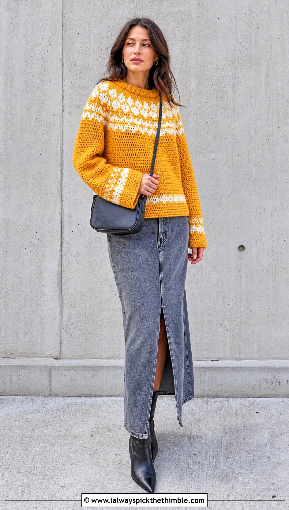 Boxy Nordic Crochet Sweater With Denim Maxi Skirt - 20 nordic crochet sweater outfit ideas