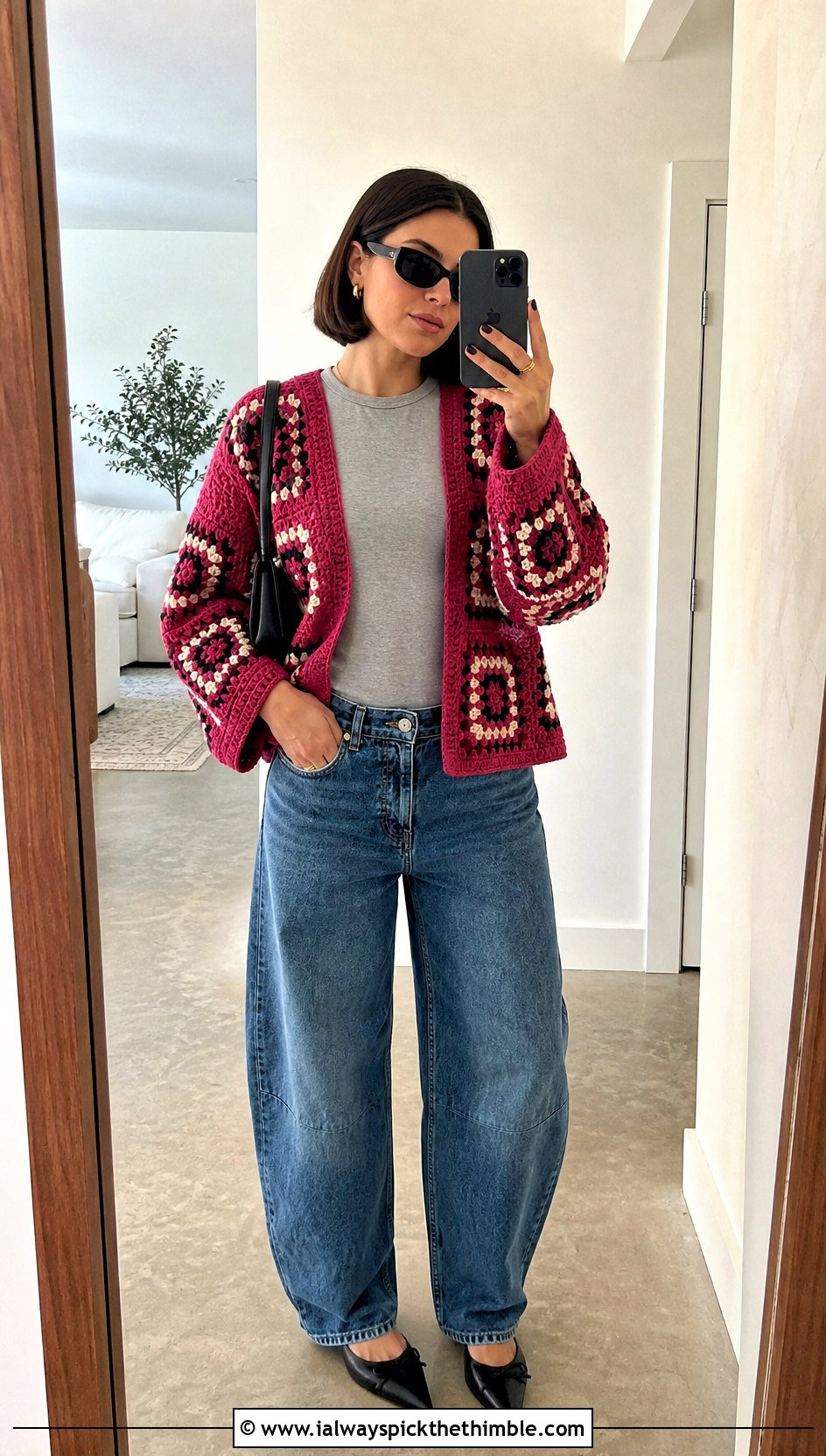 Boxy One Granny Square Cardigan With Barrel Jeans - 20 One Granny Square Cardigan outfit ideas