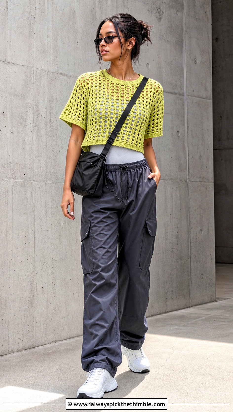 Boxy Open Weave Crochet Short Sleeve Top With Cargo Pants - 20 crochet short sleeve top outfit ideas