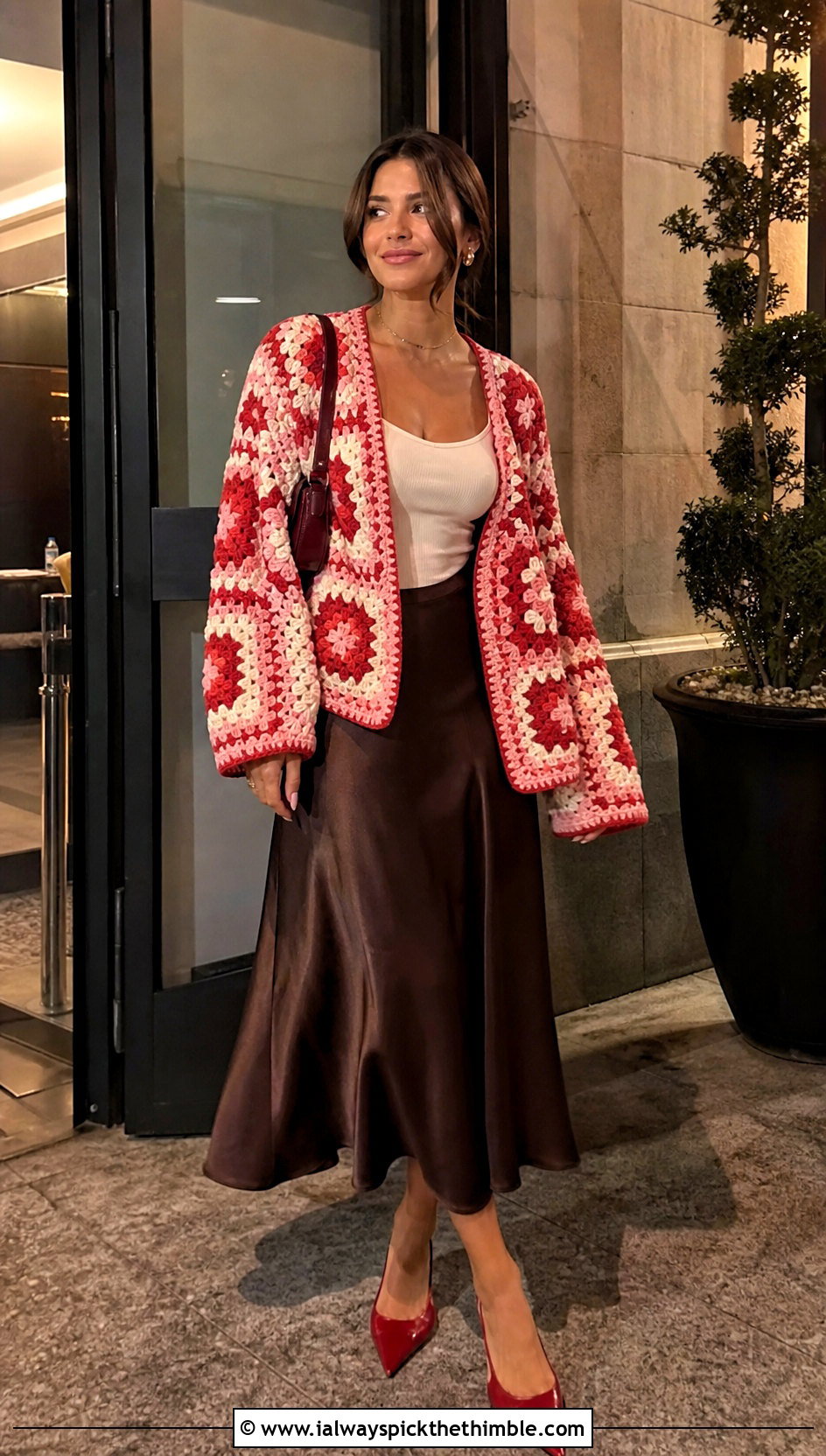 Boxy Patchwork Crochet Cardigan With Satin Skirt - 15 harry styles patchwork crochet cardigan outfit ideas