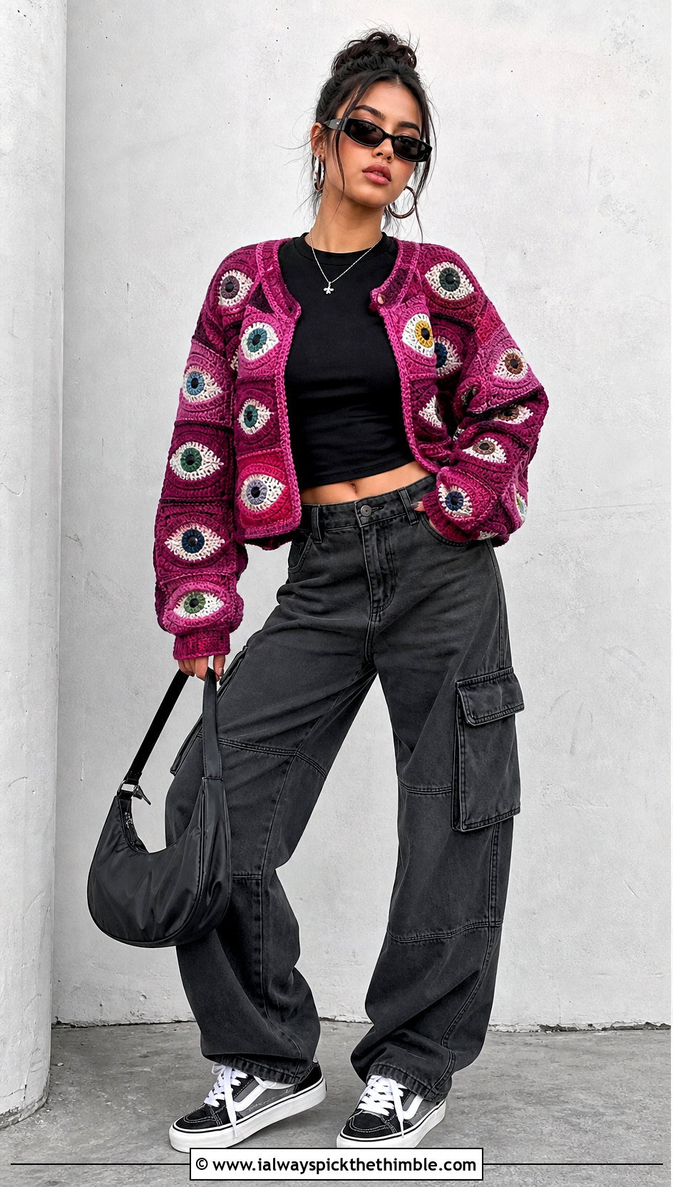 Boxy Patchwork Eyeball Cardigan With Cargo Pants - 15 Crochet Eyeball Cardigan outfit ideas