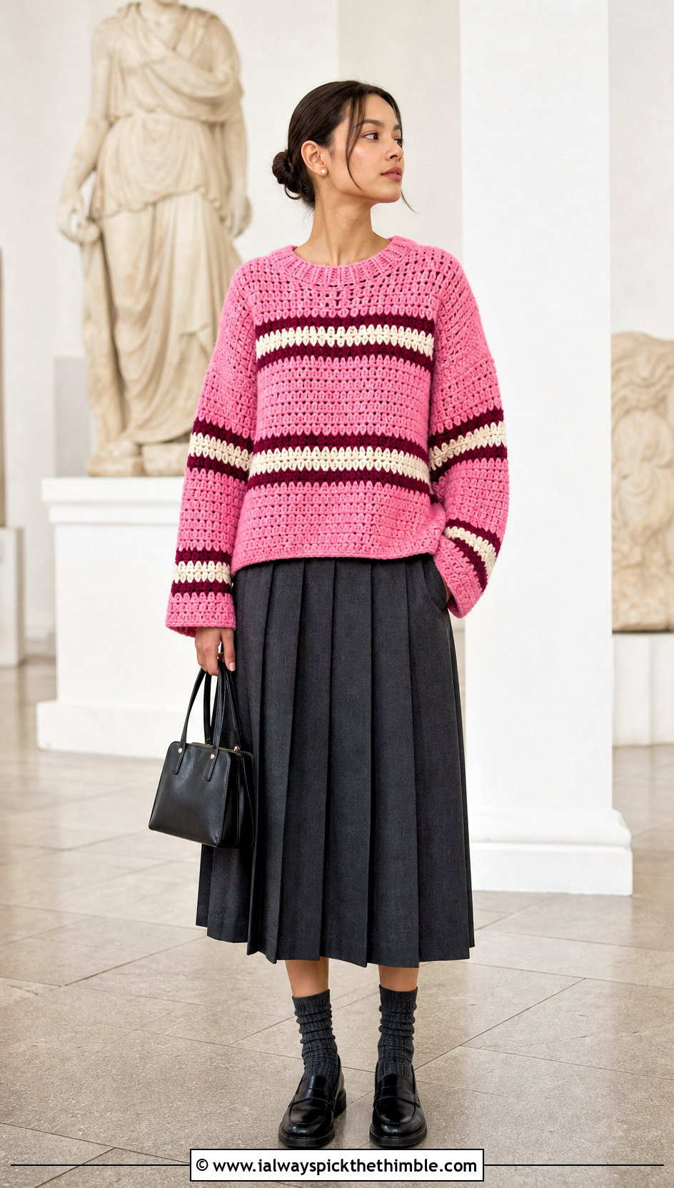 Boxy Princess Bubblegum Drop Shoulder Sweater With Pleated Skirt - 15 Crochet Princess Bubblegum Sweater outfit ideas