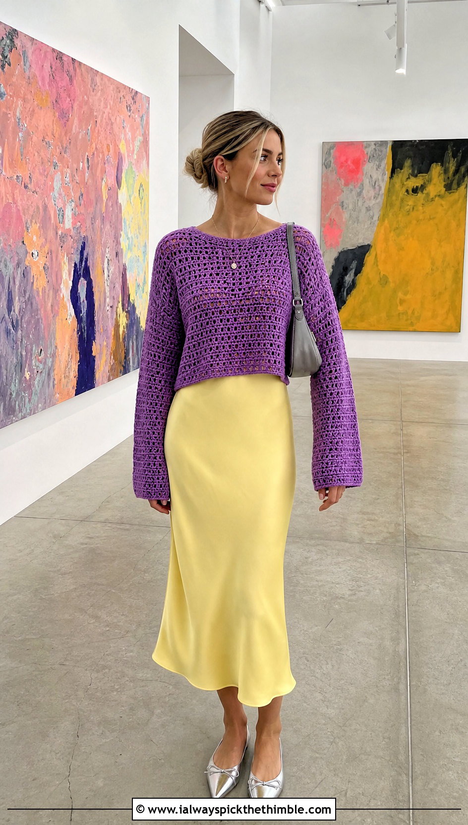 Boxy Purple Crochet Sweater Over A Slip Dress - 15 Purple Crochet Sweater outfit ideas