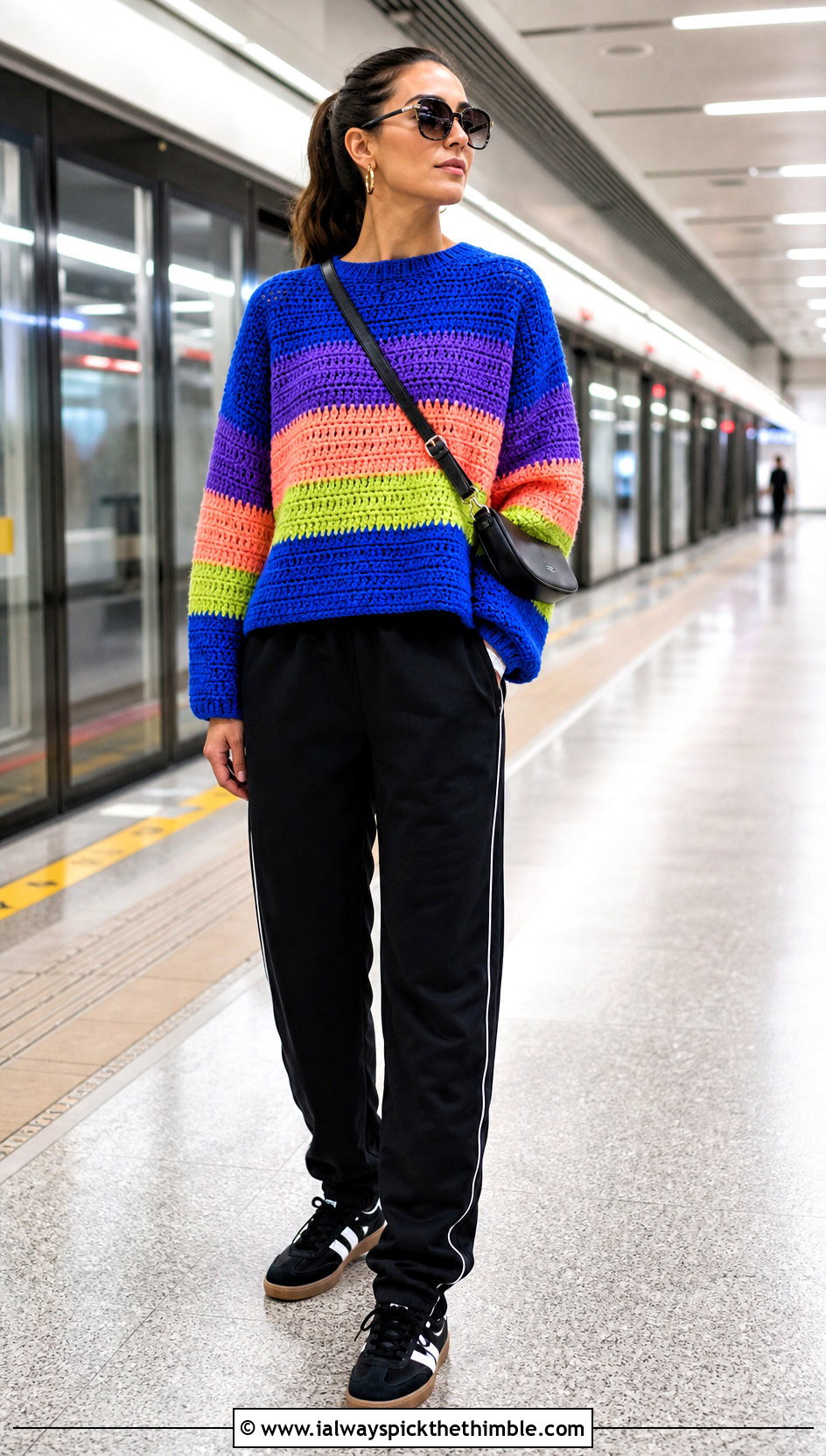 Boxy Rainbow Crochet Sweater With Track Pants - 15 rainbow striped crochet sweater outfit ideas