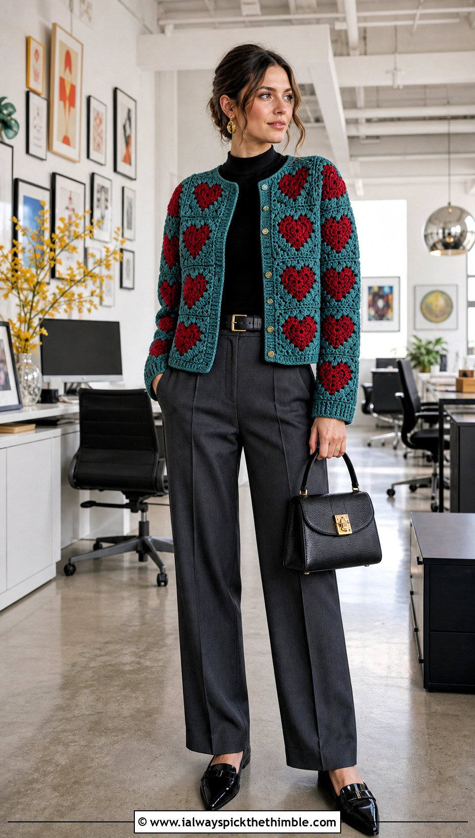 Boxy Red Heart Granny Square Cardigan With Tailored Trousers - 15 red heart granny square cardigan outfit ideas