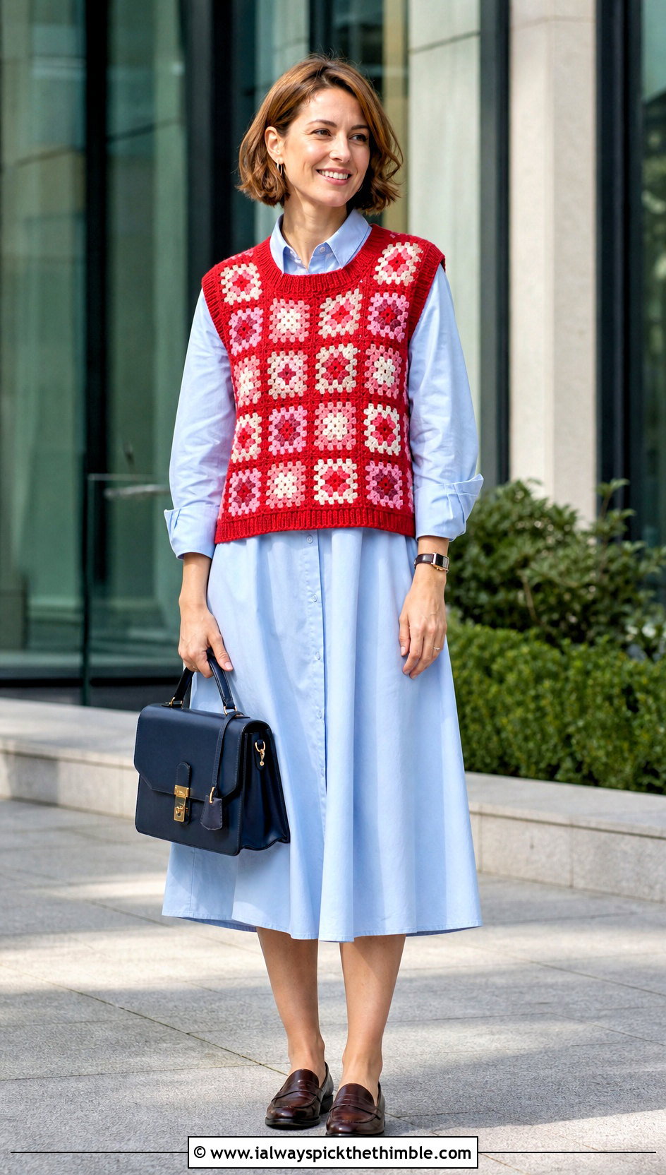Boxy Rib Trim Granny Square Sleeveless Vest With Shirt Dress - 20 Granny Square Sleeveless Vest outfit ideas