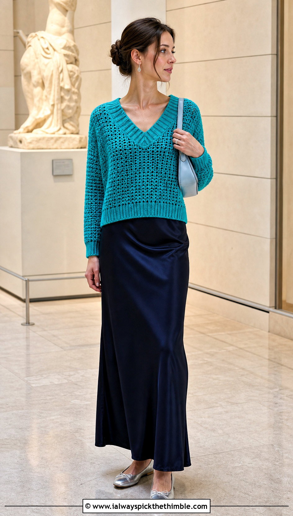 Boxy Ribbed Trim V Neck Crochet Sweater Over A Slip Dress - 15 v-neck crochet sweater outfit ideas