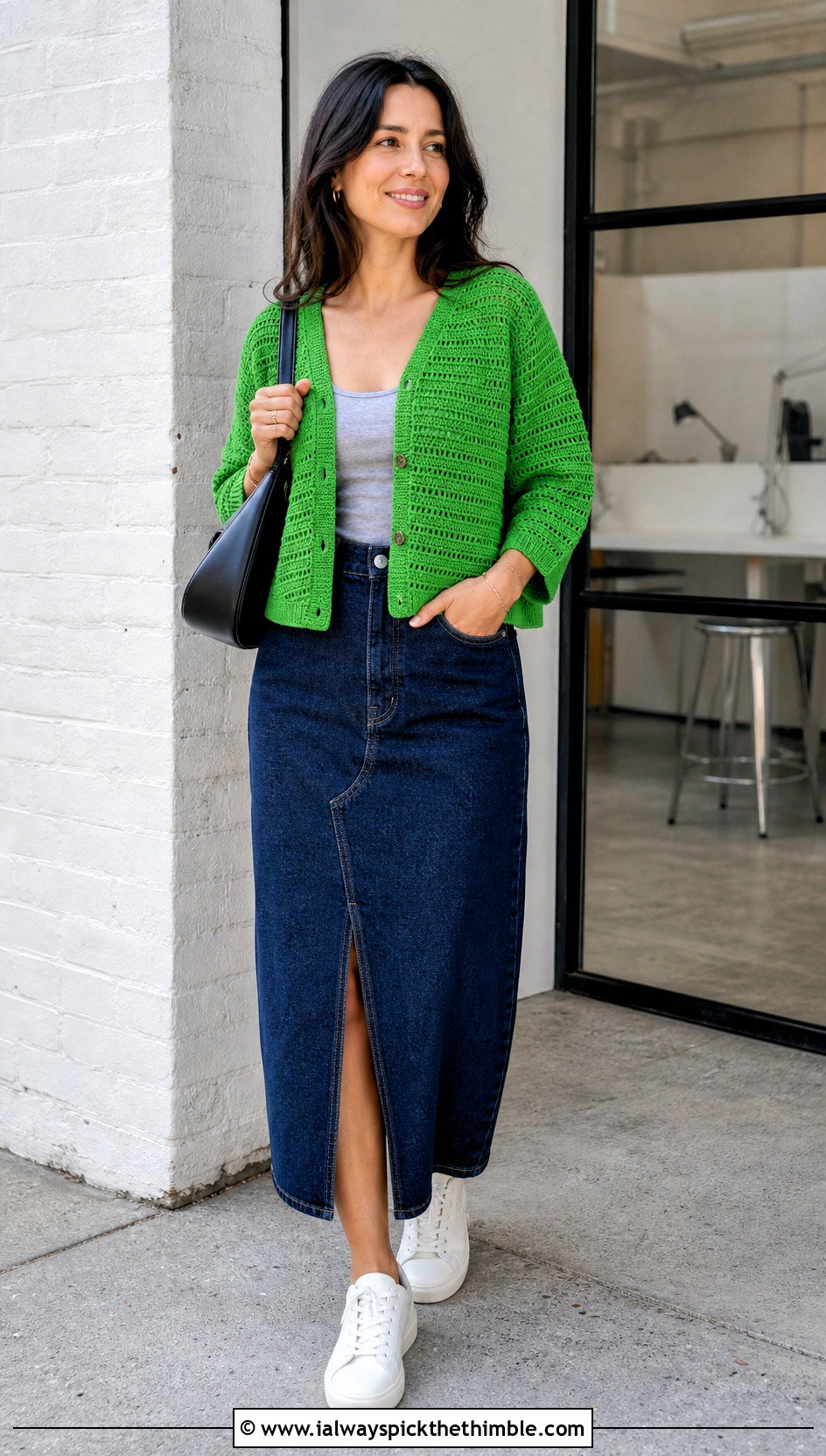 Boxy Side To Side Crochet Cardigan With Denim Midi Skirt - 20 Side To Side Crochet Cardigan outfit ideas