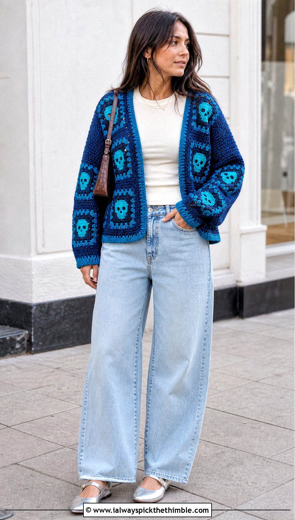 Boxy Skull Granny Square Cardigan With Barrel Jeans - 20 skull granny square cardigan outfit ideas