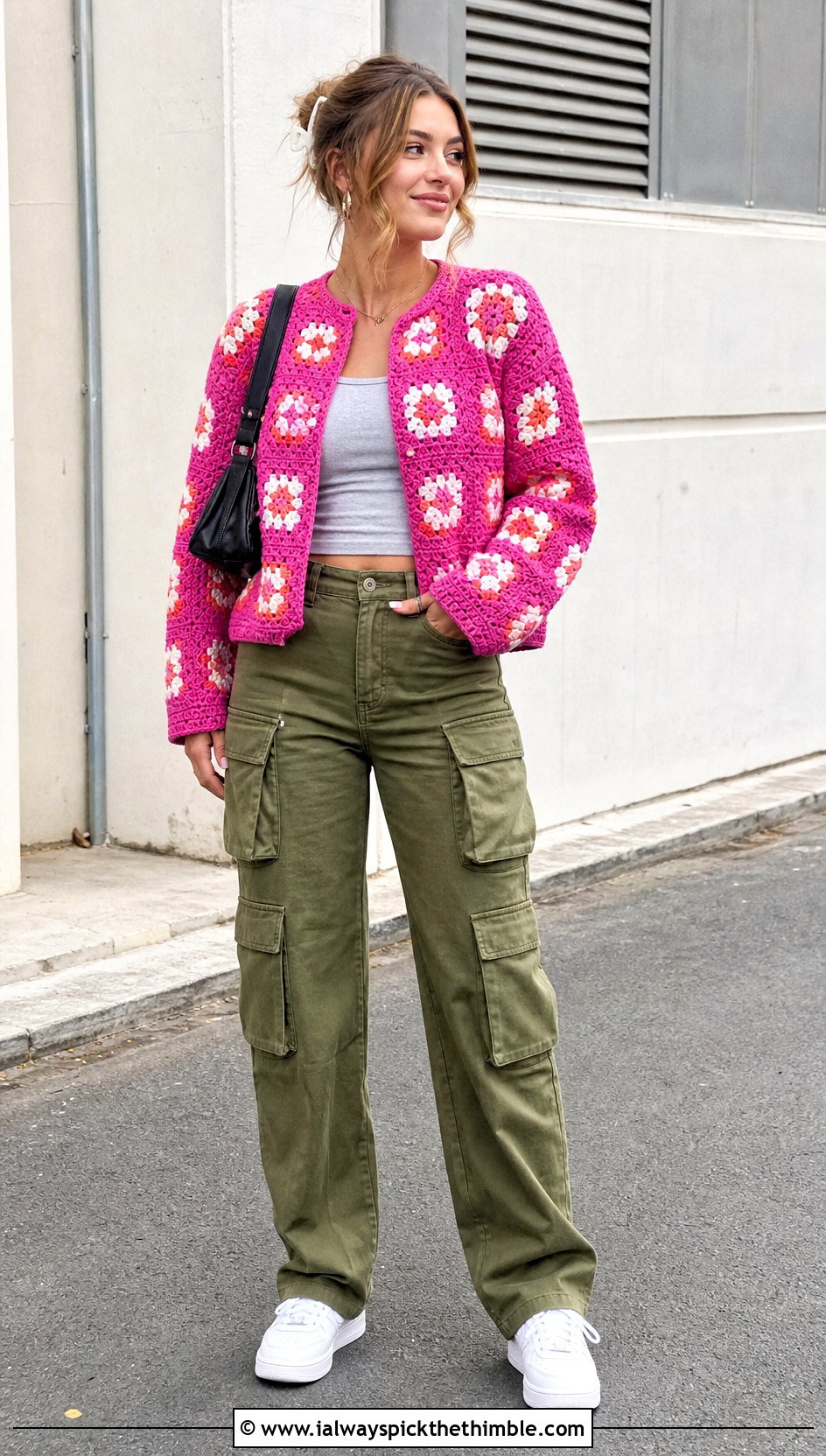 Boxy Small Granny Square Cardigan With Cargo Pants - 20 Small Granny Square Cardigan outfit ideas