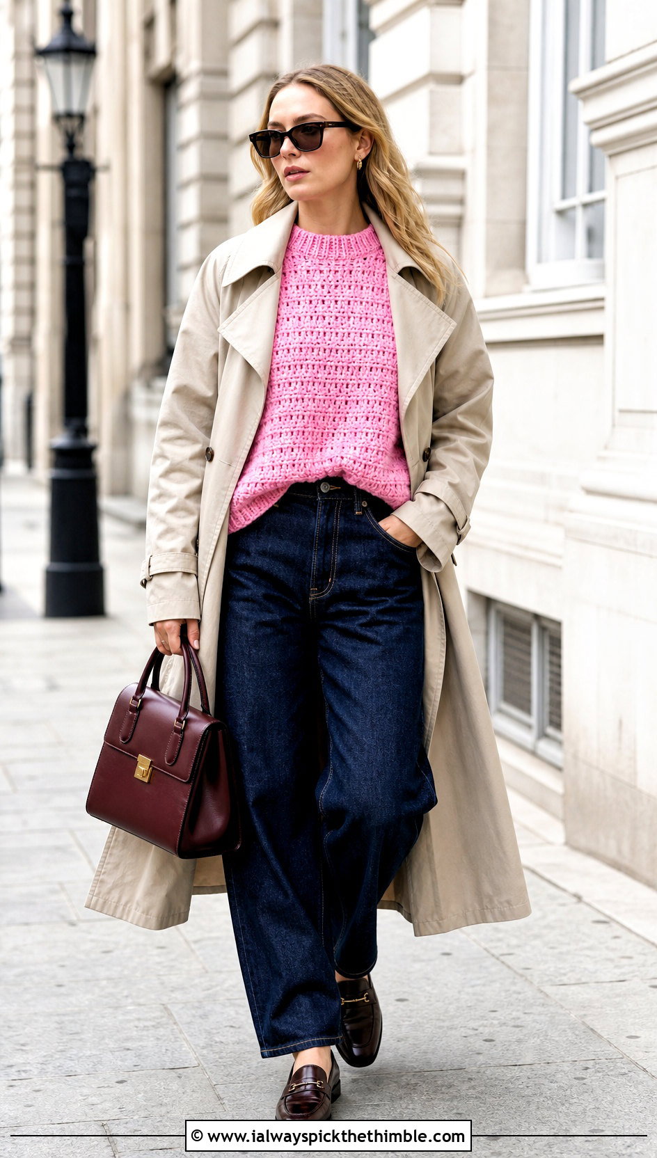 Boxy Square Crochet Sweater With Barrel Jeans And Trench Coat - 20 Square Crochet Sweater outfit ideas