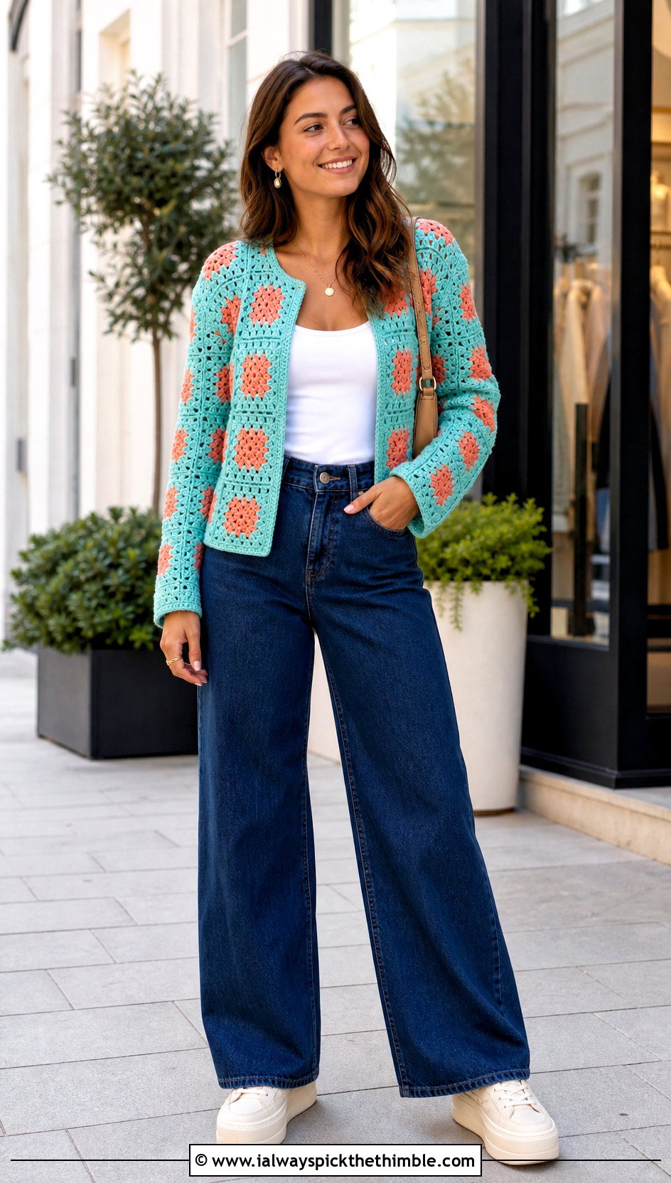 Boxy Square Jacket With Wide Leg Jeans - 20 crochet square jacket outfit ideas