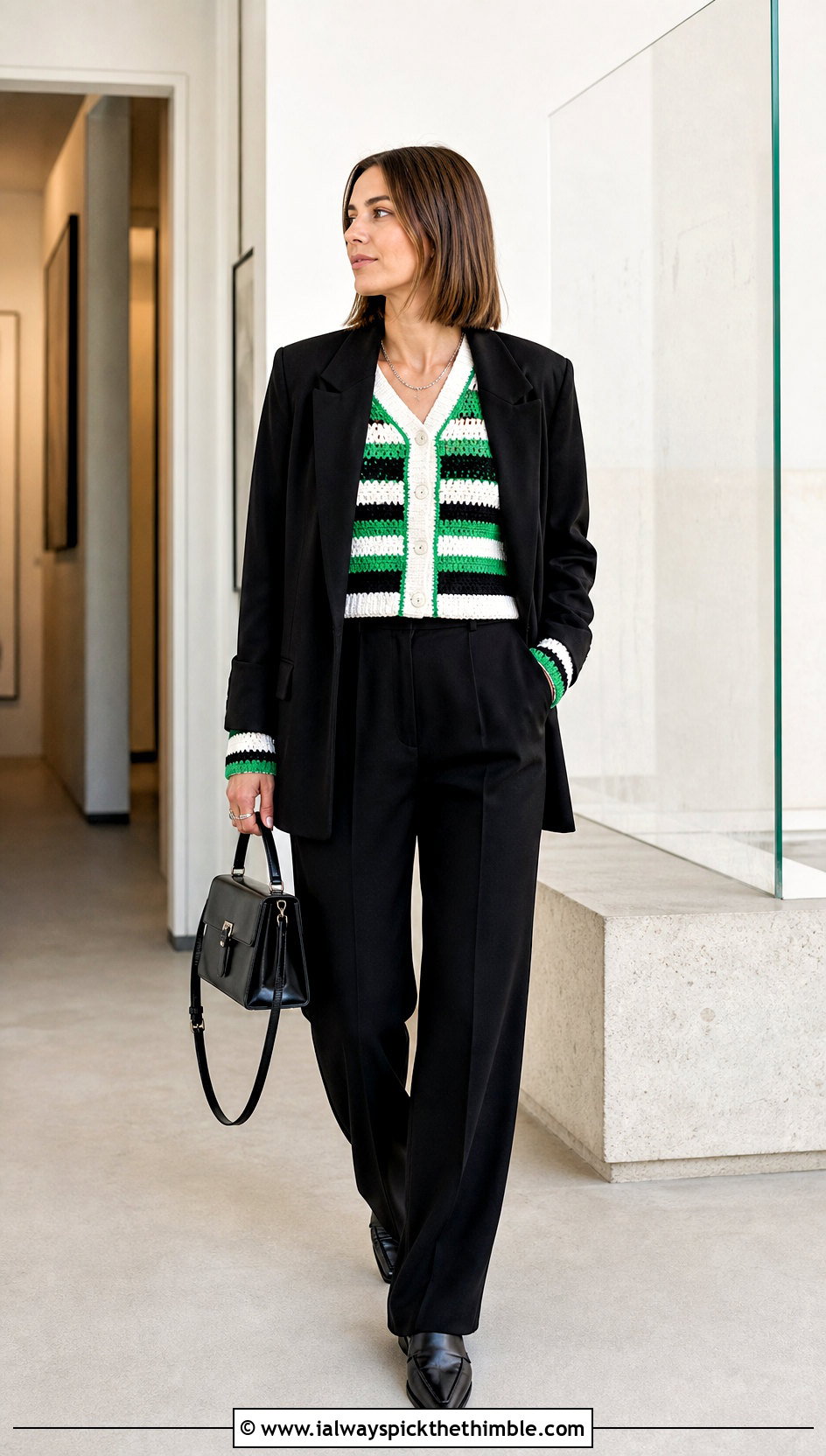 Boxy Stripe Crochet Cardigan With Tailored Suit - 20 striped crochet cardigan outfit ideas