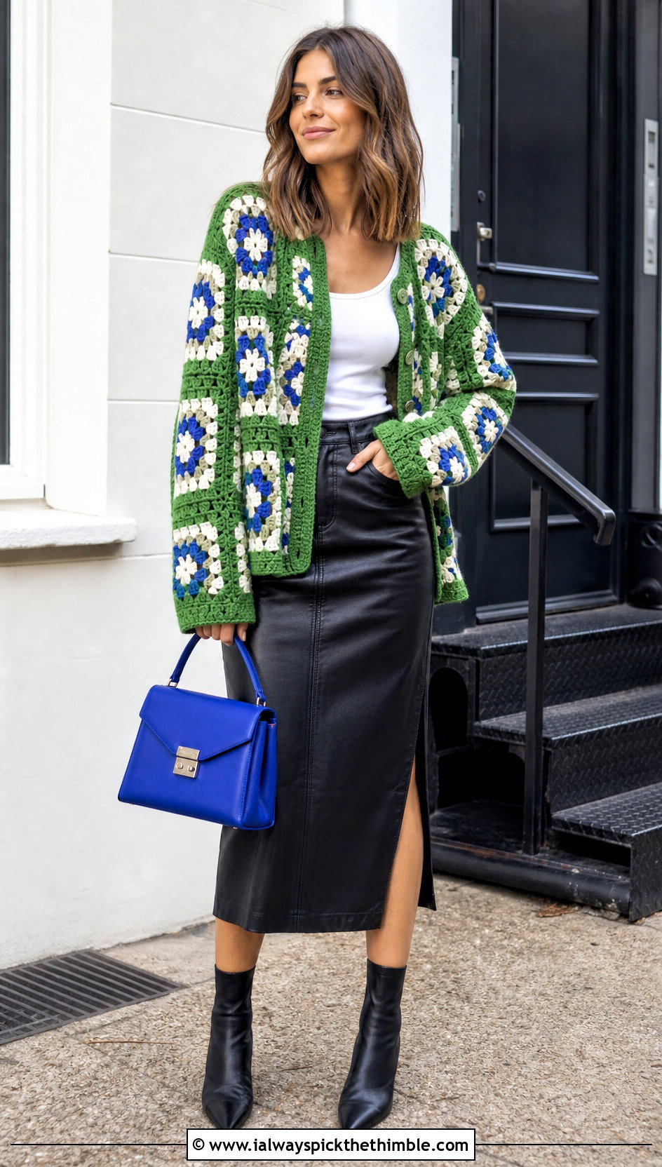 Boxy Sunburst Granny Square Cardigan With Leather Midi Skirt - 25 sunburst granny square cardigan outfit ideas