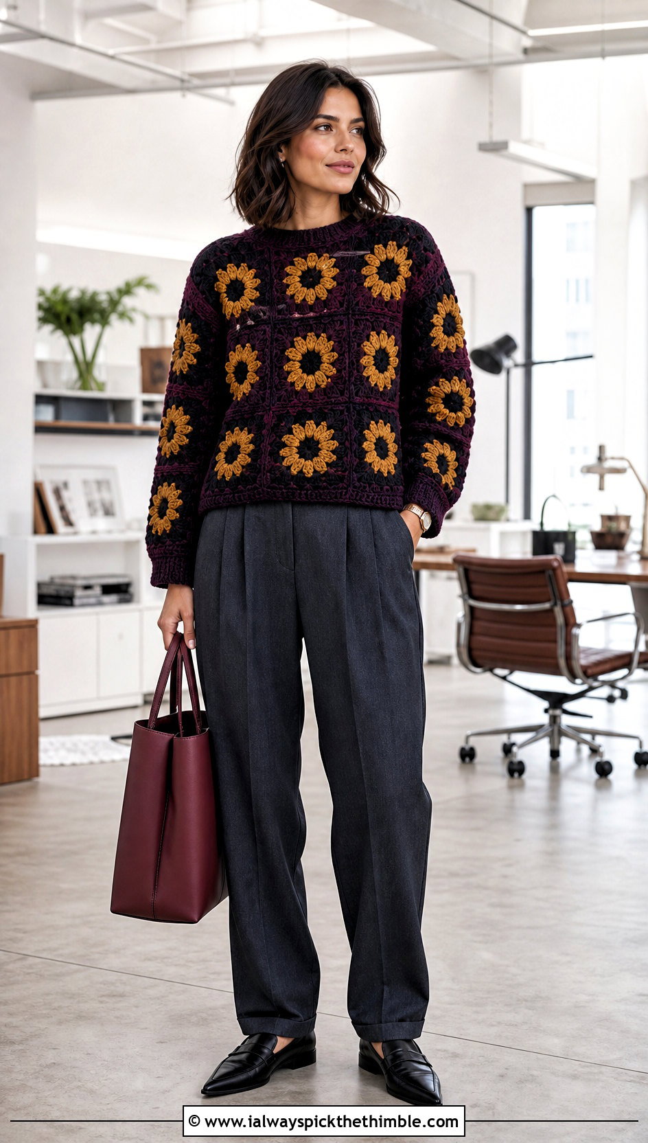 Boxy Sunflower Granny Square Pullover Sweater With Tailored Trousers - 15 Sunflower Granny Square Pullover Sweater outfit ideas