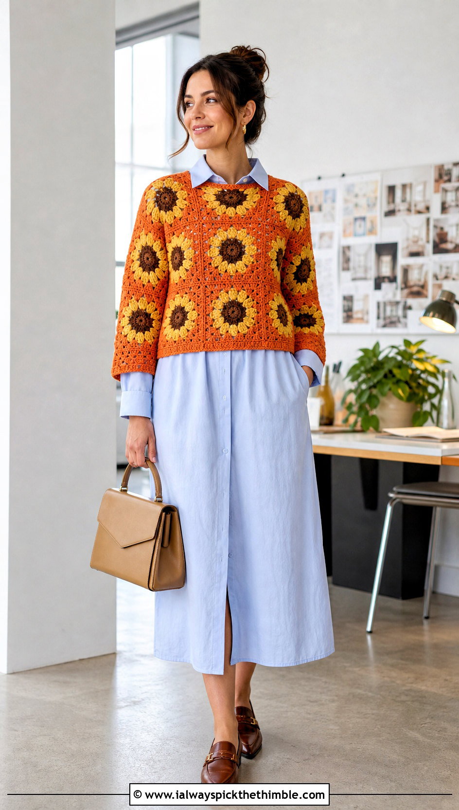 Boxy Sunflower Granny Square Sweater Over Shirt Dress - 20 sunflower granny square sweater outfit ideas