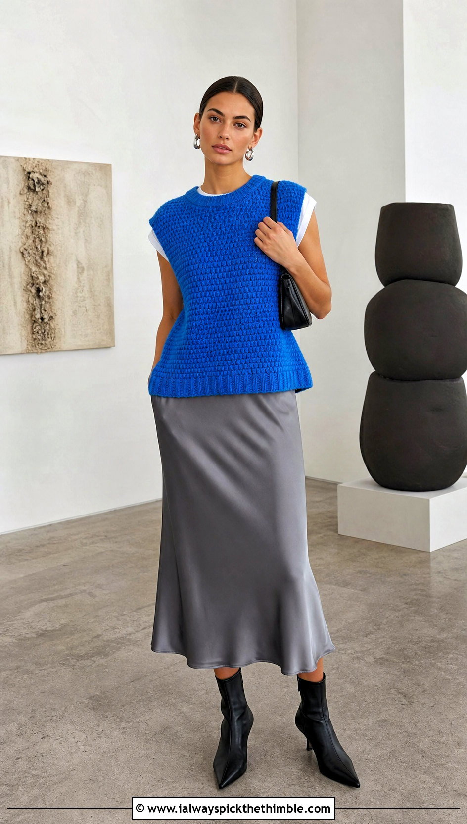 Boxy Tunisian Crochet Sweater Vest With Satin Slip Skirt - 20 tunisian crochet sweater vest outfit ideas