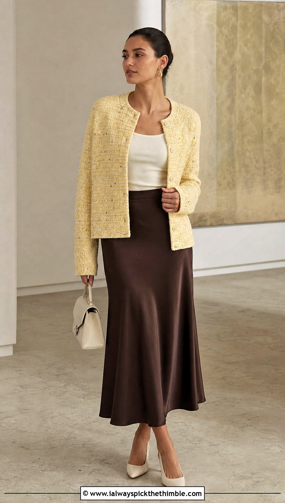 Boxy Tweed Crochet Cardi With Satin Midi Skirt - 15 tweed crochet cardi outfit ideas