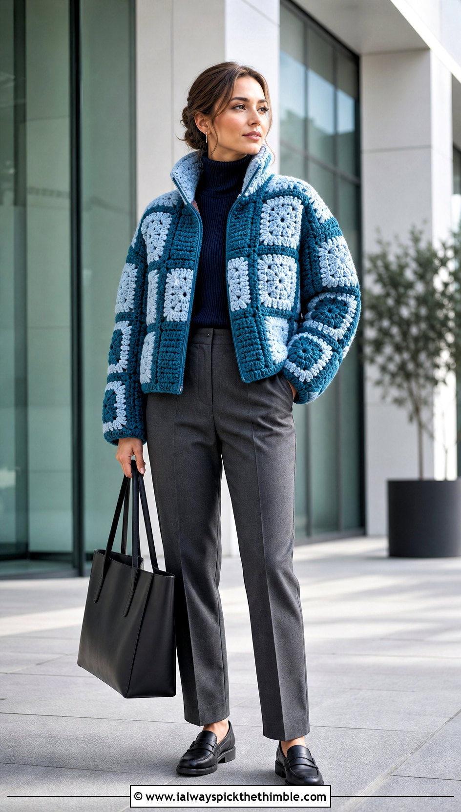 Boxy Two Tone Granny Square Puffer Jacket With Tailored Trousers - 15 granny square puffer jacket outfit ideas