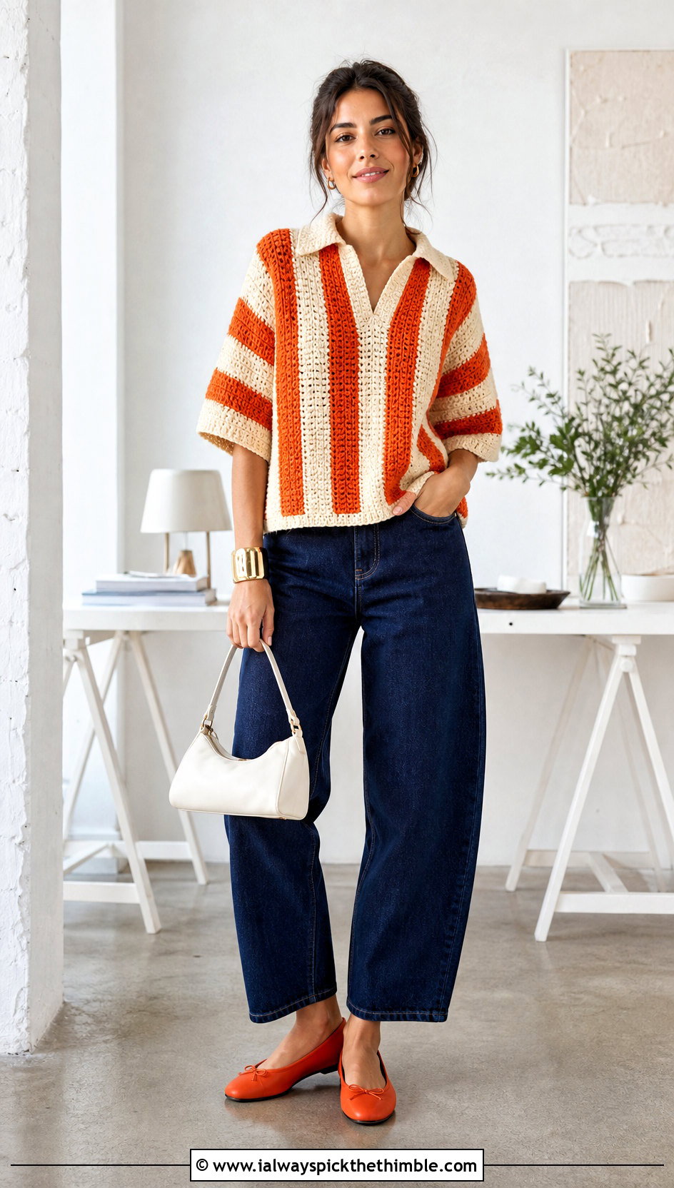 Boxy Vertical Stripe Crochet Sweater Polo With Barrel Jeans - 15 vertical stripe crochet sweater polo outfit ideas